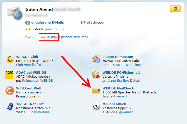 Web.de jetzt mit 1 GByte Speicher – Antary