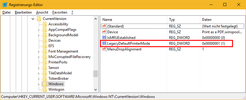 Windows 10 Standarddrucker automatisch setzen - Registry