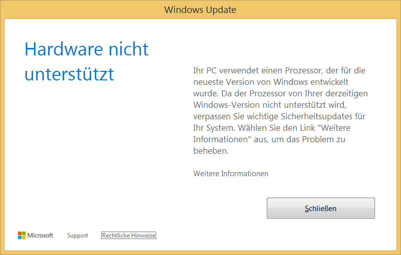Windows 7/8.1: Fehlermeldung "Hardware nicht unterstützt"