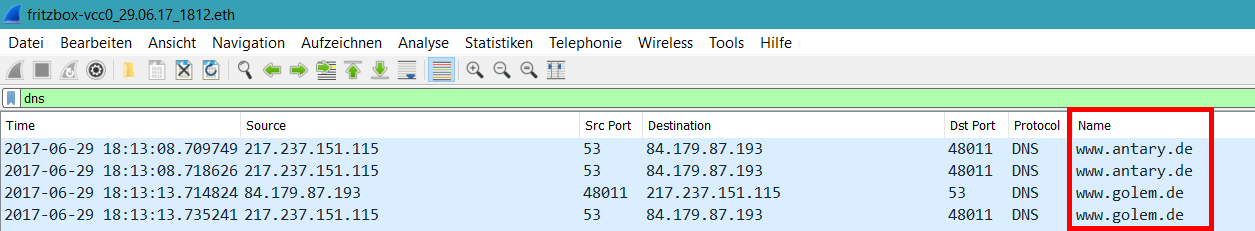Wireshark DNS als Spalte